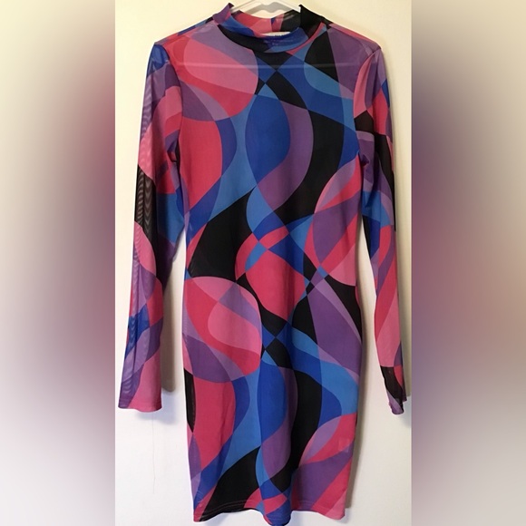 Almost famous purple pink blue sheer long sleeve dress size large - Picture 2 of 6
